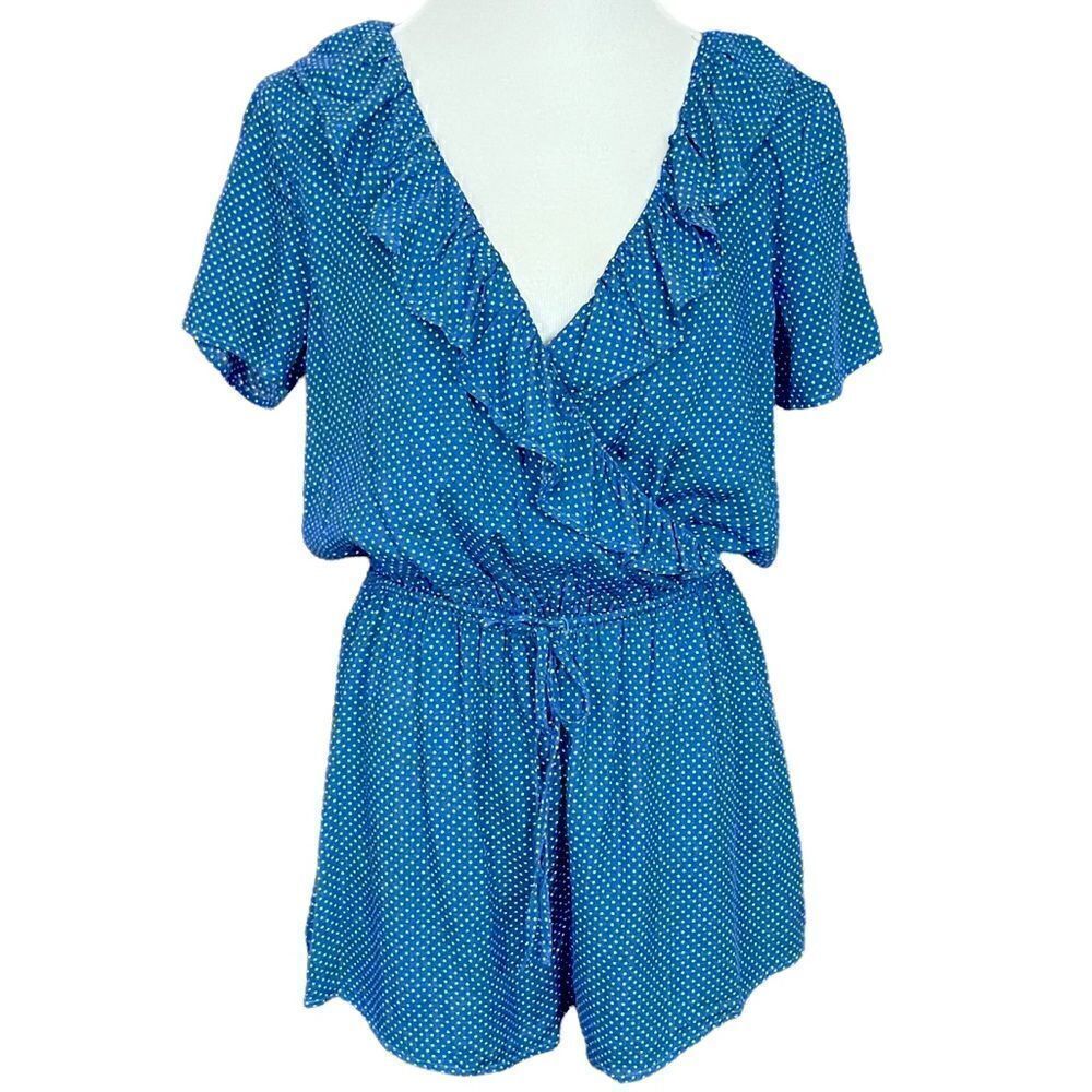 Wild Honey Blue Micro Polka Dot Wrap Front Ruffle Romper M
